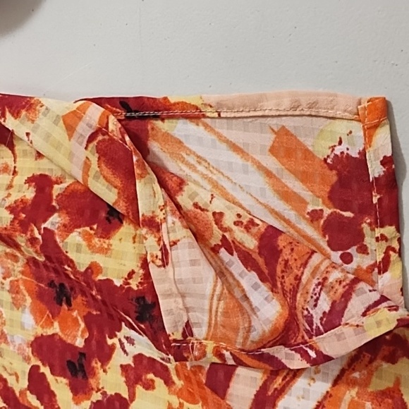 Pink Coral Burgundy Orange Abstract Floral & Check Shirt Roll Tab Sleeve - Picture 4 of 14